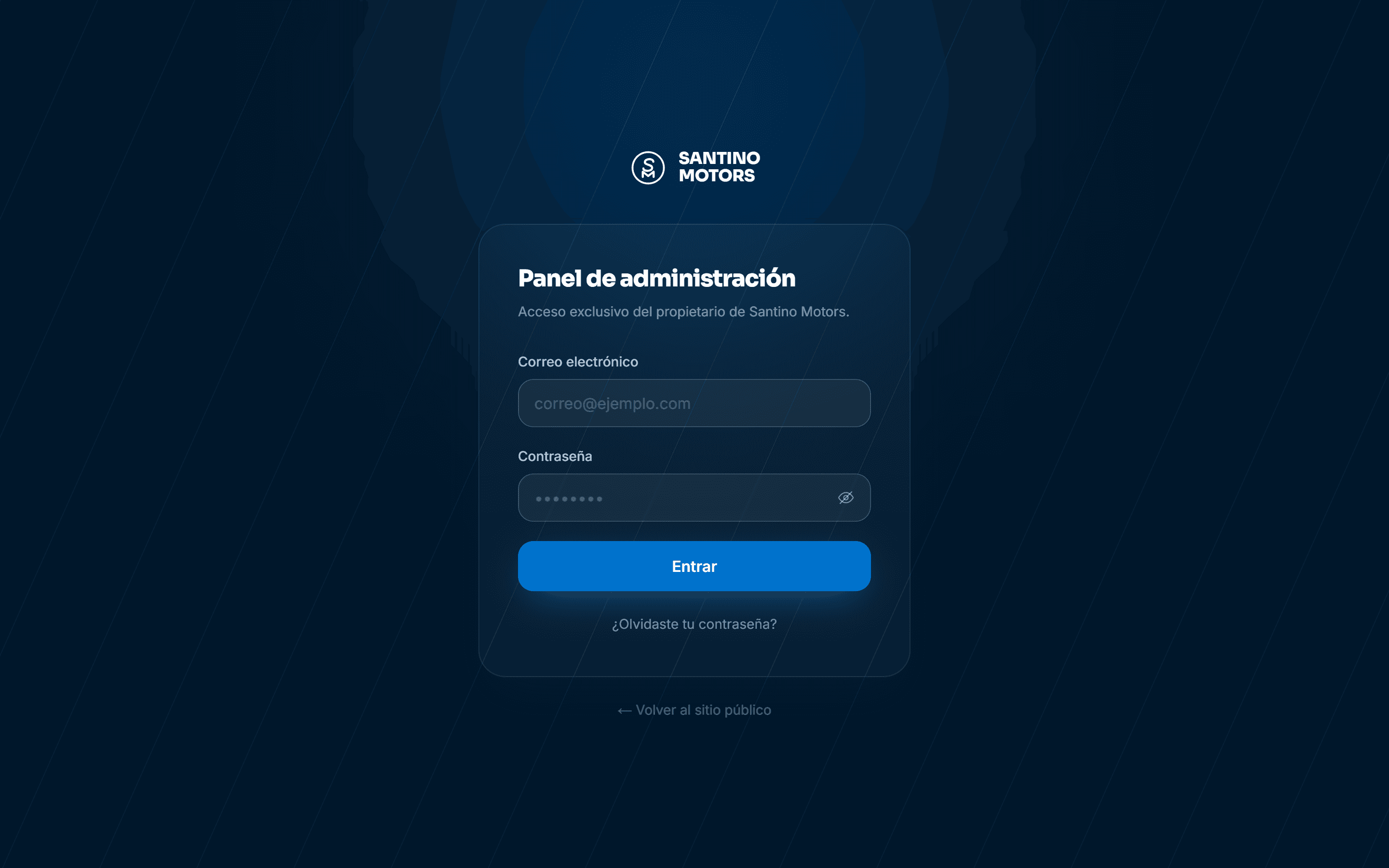 Pantalla de acceso al panel de administración de Santino Motors
